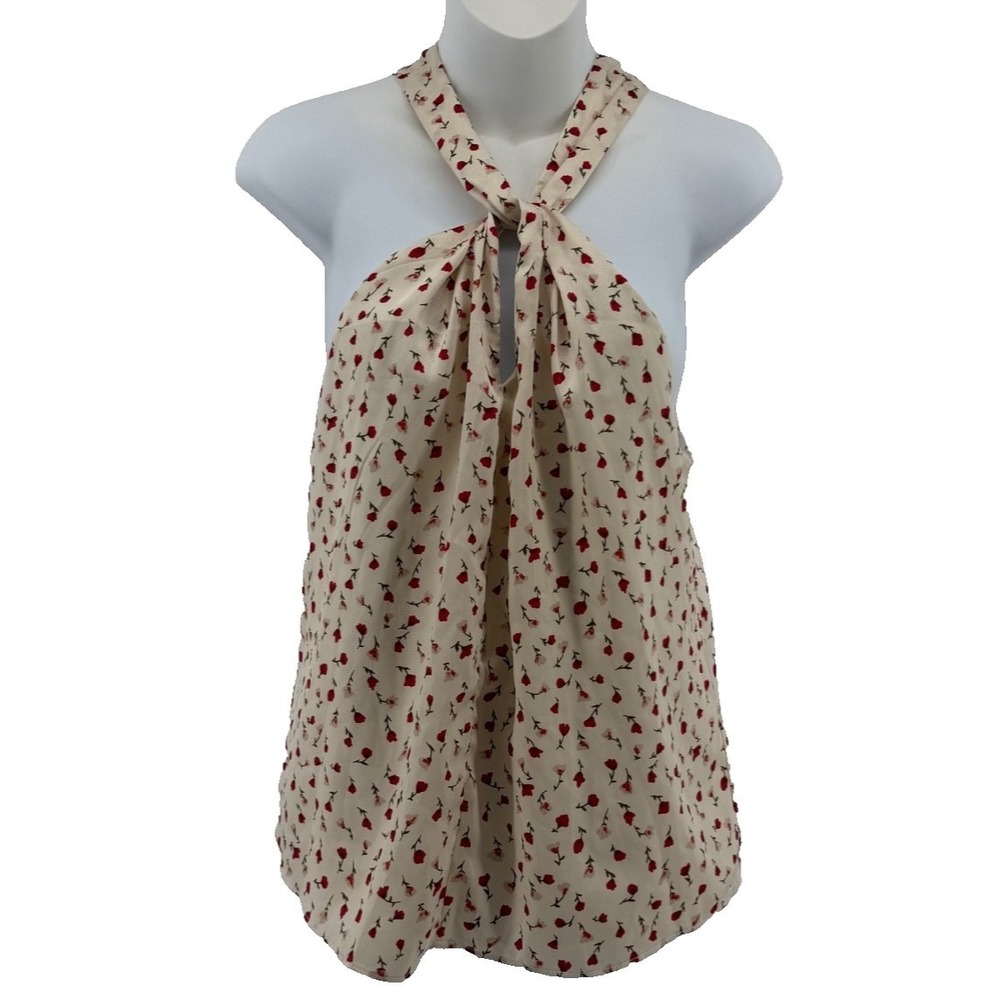 1.STATE Floral Halter Blouse Cream Red Rose Sleeveless Keyhole Top Small NWOT
